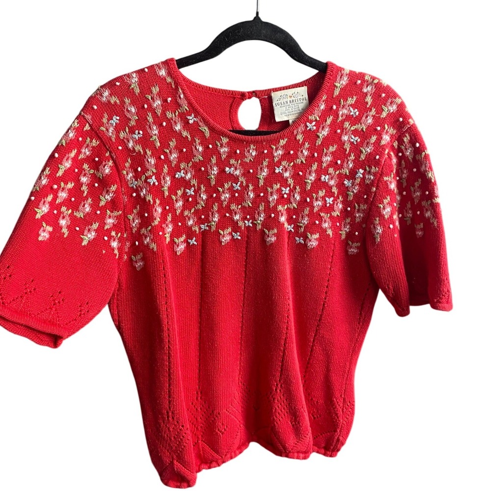 Vintage Susan‎ Bristol Embroidered Red Floral Knit Sweater Top Feminine Cottage